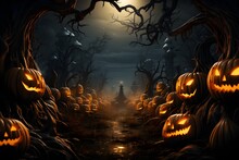 Illustration Of Illuminated Carved Pumpkins With Different Evil Faces In Darkness At Halloween Night
