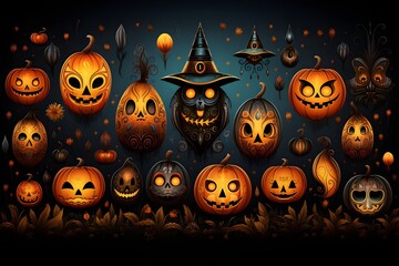 illustration of illuminated carved pumpkins with different evil faces in darkness at Halloween night