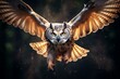 A majestic owl in flight, showcasing the elegance of its wingspan. Generative AI