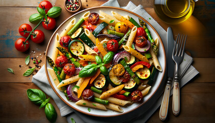 Wall Mural - A vibrant pasta salad is showcased, mixed with roasted cherry tomatoes, yellow bell peppers, and zucchini slices. The dish is garnished with fresh basil and sprinkled with parmesan cheese