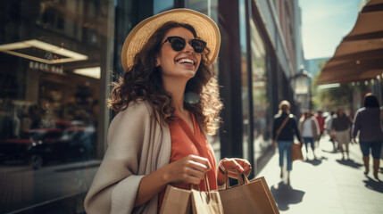 Woman in shopping. Happy woman with shopping bags enjoying in shopping. Consumerism, shopping, lifestyle concept