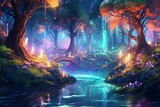 Illustration of enchanting fairy forest with magical lights, mysticism, realism, wild nature, river shining with neon colors, 3D artwork. Generative AI