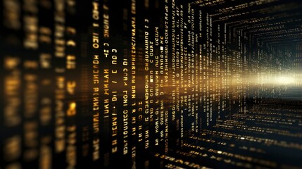 An abstract digital background with binary code and AI algorithms running in the background.