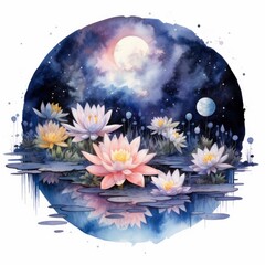 Floral Moon and Water Lilies on a white background.