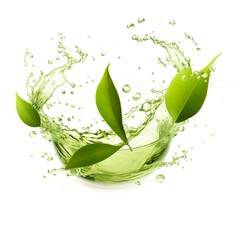 Wall Mural - Green herbal tea wave splash with leaves flow.