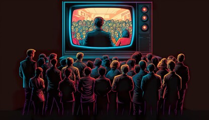 People crowd watching TV. TV addiction, propaganda and fake news concept.