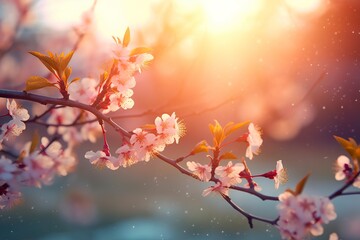 Spring blossom background. Nature scene with blooming tree and sun flare.