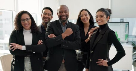 Wall Mural - Business people, arms crossed and diversity, face and teamwork with financial advisor group in the workplace. Professional, collaboration and trust, confidence in portrait and accounting partners