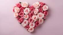 Pink Roses Arranged In A Heart Shape On Pink Background, Banner, Landscape, Valentine's Day Love Theme With Copy Space