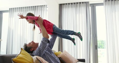 Poster - Happy, family and airplane fun on sofa with smile from parent and child at home. Living room, house and game with freedom, dad and girl together with love, care and support with bonding and play