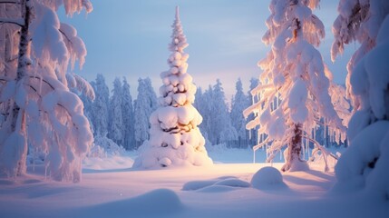 Wall Mural - Winter landscape of snowy forest with magical Christmas lights. AI Generation 
