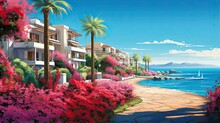 Beautiful Mediterranean Resort Promenade With Blooming Colorful Oleanders And Palm Trees Against The Blue Sky