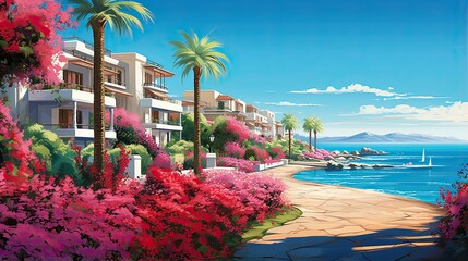 Beautiful mediterranean resort promenade with blooming colorful oleanders and palm trees against the blue sky