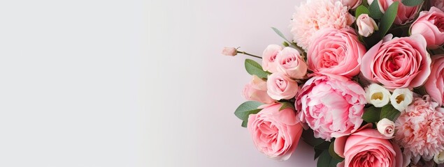 Fresh bunch of pink peonies and roses with copy space.