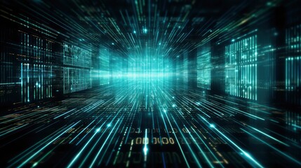 An abstract digital background with binary code and AI algorithms running in the background.