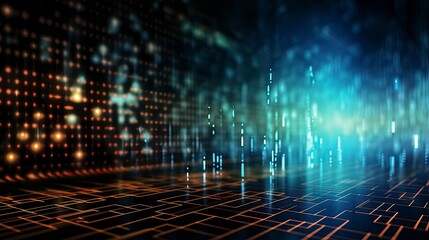 An abstract digital background with binary code and AI algorithms running in the background.