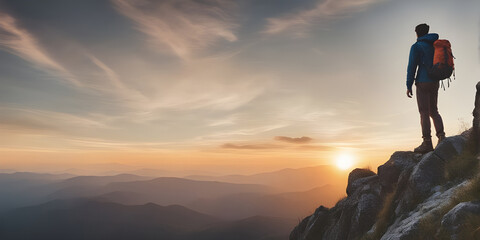 Young man hiker looking sunset at top of the mountain. goals concept. success concept.