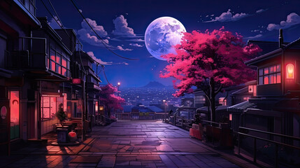 a beautiful japanese tokyo city town in the evening. houses at the street. anime comics artstyle. co