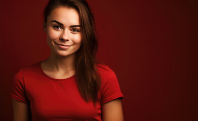 Wall Mural - Beauty Girl in Red t-shirt on Red Background. Young Woman Brunette Smiling, look in camera, standing in red studio background