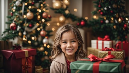 Wall Mural - Portrait of a Happy little cute girl with Christmas gift boxes and Christmas tree in background