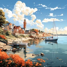 Sailing Into A Picturesque Harbor Harbor Entrance, Cartoon Illustration Background