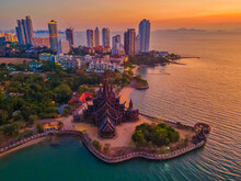 Sanctuary Of Truth, Pattaya, Thailand, Wooden Temple By The Ocean At Sunset On The Beach Of Pattaya