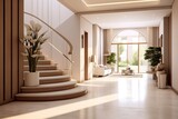 Fototapeta  - The interior design of the modern entrance hall with a staircase in the villa.