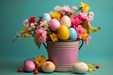 Colorful Easter Pail Filled With Decorated Eggs And Blooming Spring Flowers. Generative AI