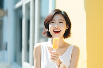 Generative AI : Happy beautiful Asian woman short hair wearing casual white sleeveless shirt holding yellow popsicle, outdoors. Smiling female enjoying ice lolly in summer.
