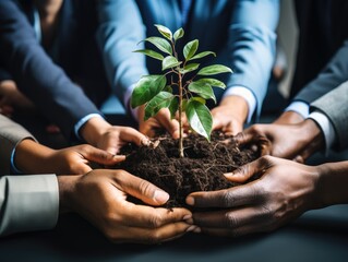 A group of diverse hands collaboratively holding a young plant growing from a mound of soil, symbolizing teamwork and growth.