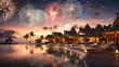 New Year's Eve fireworks over a vacation resort in the Caribbean