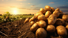 Potatoes Sitting In An Open Field At Sunrise