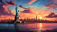 Beautiful Scenic View Of Statue Of Liberty During Sunrise Or Sunset. Colorful Pop Art Illustration.
