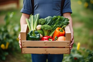 Farmer man holding wooden box full of fresh raw vegetables.