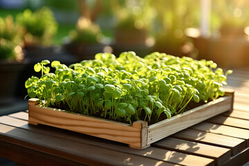 Wall Mural - Close-up of tray with microgreens on the terrace