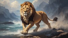 Oil Painting Wallpaper Running Lion