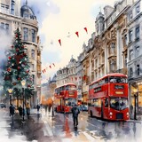 Fototapeta Londyn - street in London during Christmas festival in watercolor painted style