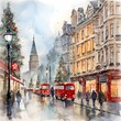 street in London during Christmas festival in watercolor painted style