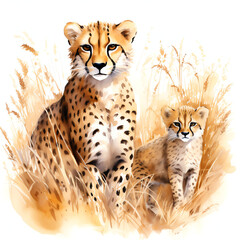 Poster - watercolor illustration of cheetah mother and cub on white background