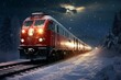 A snowbound train with a flashlight speeds through the winter landscape. Generative AI