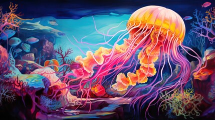  a painting of a jellyfish in a colorful coral reef.  generative ai