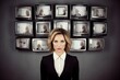 female television presenter woman stands against of stack of vintage televisions on background