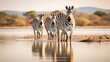  a group of zebras are walking along the water's edge.  generative ai