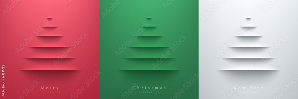Set of merry christmas tree on red, green and white in paper cut ...
