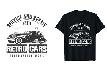 Sticker - Retro Vintage Classic Car Silhouette Vector T-shirt Design. Old American car black and white t-shirt print graphic.