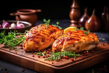 Wall Mural - Closeup of tasty roast chicken breast served on wooden board. Grilled chicken.