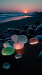 Closeup of glowing stones on the seaside in the evening