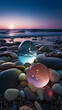 Closeup of glowing stones on the seaside in the evening