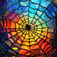 Rainbow spider web in stained glass style
