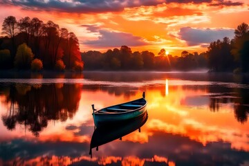 Wall Mural - sunset on the river and a boat into the river 